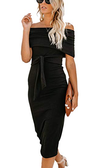 Angashion Womens Sexy Off Shoulder Long Sleeve Bodycon Midi Knit Cocktail Evening Sweater Dress with Belt