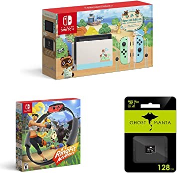 Nintendo Switch - 2020 Special Edition - Animal Crossing: New Horizons - Internal Storage 32GB - Bundle Ring Fit Adventure[Game] & Ghost Manta 128GB Micro SD Card