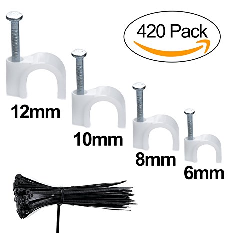 Adywe 420 Pcs Round Cable Wire Clips with steel Nail, Premium White Plastic Cord Wire Nail Fasteners Organizer, Cable Management RG6 RG59 CAT5 CAT6 RJ45 - 6/ 8/10/12mm(4 Size)