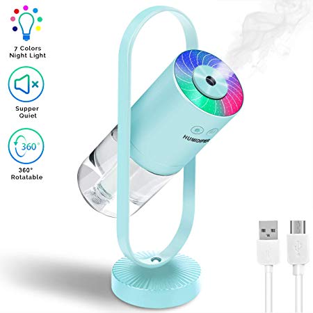 Portable Mini Humidifier, 200ml Ultrasonic Cool Mist Humidifier with 7 Colors Night Light, Small Personal Humidifier for Bedroom Home Desk Office Car Travel, Auto Shut-Off, Super Quiet, Blue