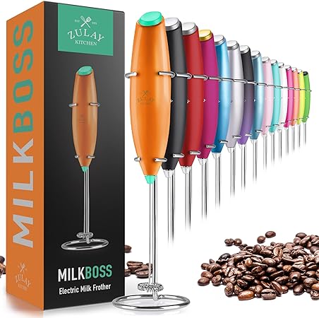 Zulay Powerful Milk Frother Handheld Foam Maker for Lattes - Whisk Drink Mixer for Coffee, Mini Foamer for Cappuccino, Frappe, Matcha, Hot Chocolate by Milk Boss (Orange/Green)
