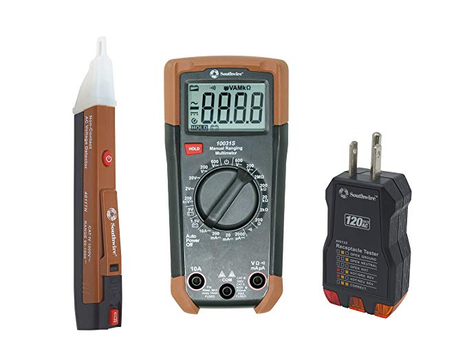 Southwire 10037K Tools & Equipment Electrical Test Kit, Includes 600V Manual-Ranging Multimeter, 120V AC Receptacle Tester and 90-1000V Non-Contact Voltage Tester, Brown