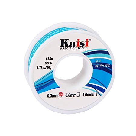 Kaisi Solder Wire 63/37 Tin/Lead Sn63Pb37, Flux 2%, with fluxed rosin core, 1.76oz/50g (0.3mm) 1 PACK