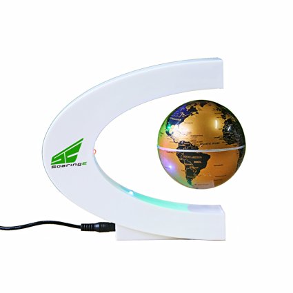 Magnetic Levitation Floating World Map Globe with LED Lights for Learning Education Teaching Demo Home Office Desk Decoration (C Shape White Base   Gold Globe)