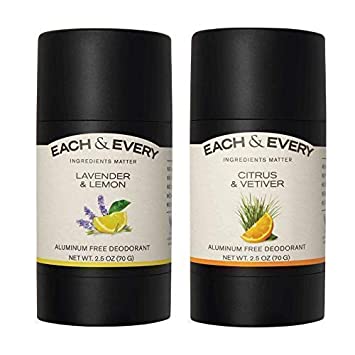 Each & Every 2-Pack, Natural Aluminum-Free Deodorant for Sensitive Skin Made with Essential Oils, Plant-Based Packaging, 2.5 Oz.(Lavender & Lemon, Citrus & Vetiver)