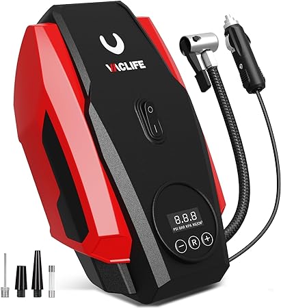 VacLife Tire Inflator Portable Air Compressor - Air Pump for Car Tires - 12V DC Compact Tire Pump with Auto Shutoff Function - Multipurpose Car Accessory with LED Light, Red