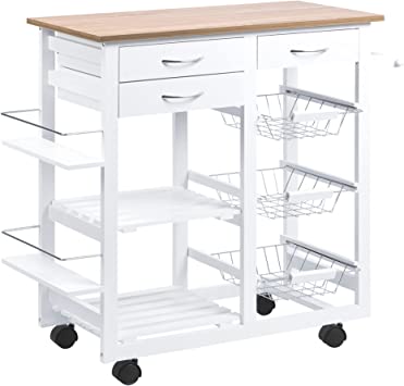 HOMCOM Carrito de Cocina Carro de Servicio Multifuncional con Cajones Cestas Estantes para Especias Toallero Ruedas 92x37x82 cm Blanco