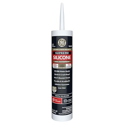 GE Supreme Silicone Caulk for Kitchen & Bathroom - 100% Waterproof Silicone Sealant, 7X Stronger Adhesion, Shrink & Crack Proof - 10 oz Cartridge, White, Pack of 1