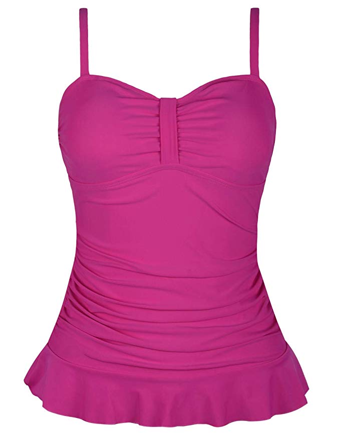 Hilor Women's 50's Retro Ruched Tankini Swimsuit Top with Ruffle Hem