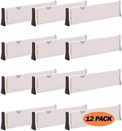 12 Pack Adjustable Dresser Drawer Dividers Organizers, Plastic Expandable Drawer Organization Separators for Kitchen, Bedroom, Closet, Bathroom and Office Drawers