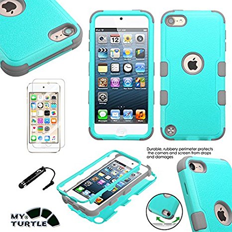 MyTurtle Shockproof Hybrid 3-Layer Hard Silicone Shell Cover with Stylus Pen and Screen Protector for iPod Touch 5th 6th Generation, Teal Green Grey