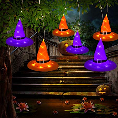Tcamp Halloween Decorations Outdoor Hanging Lighted Glowing 6PCS Witch Hats with LED Halloween Lights String for Outdoor, Yard, Tree (8 Lighting Modes)
