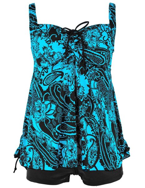 Hilor Women's Retro Plus Size Drawstring Two Piece Skirtini Tankini SwimSuit