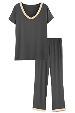Latuza Women's V-Neck Sleepwear Short Sleeves Top With Pants Pajama Set