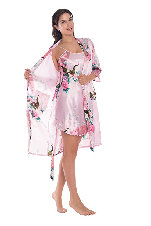 KimonoDeals Women's Gorgeous Loungewear Robe 2PC Sleepwear Set-Peacock & Blossom