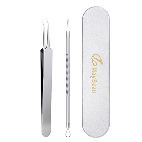 MayBeau Blackhead Remover 2PCs Blackhead Tweezer Comedone Extractor Tool Treatment for Blemish Whitehead Comedones Acne Zit and Facial with Metal Case