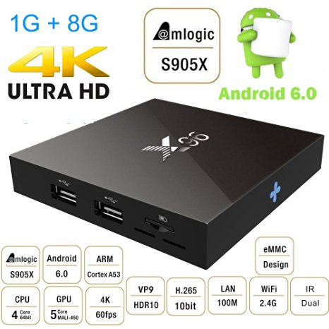 Greatever X96 TV Box Android 6.0 Marshmallow Amlogic S905X 64bit Quad Core 1G 8G Ultra HD 4K 60fps VP9 HDR H.265 with WiFi DLNA HDMI 2.0A Streaming Media Player Smart Set Top Box