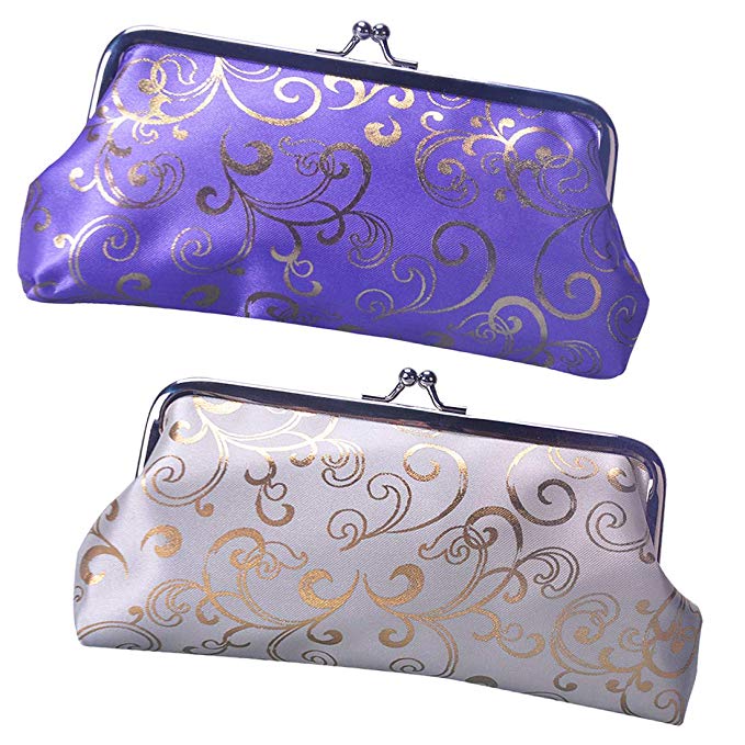Oyachic 2 Packs Coin Pouch Phone Purse Silk Folk-Custom Clasp Closure Wallet Gift (White and Purple