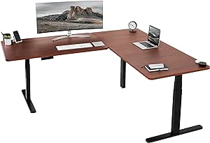 VIVO Electric Height Adjustable 77 x 71 inch Corner Stand Up Desk, 2 Dark Walnut 30 inch Deep Table Tops, Black Frame, Memory Controller, L-Shaped Workstation, 3E Series, DESK-KIT-3E7BD