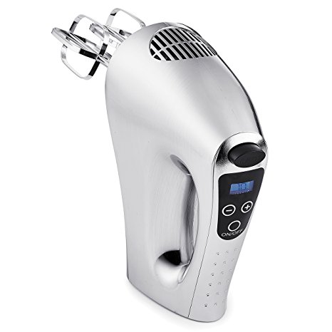 BELLA 10 Speed Digital Hand Mixer with Beaters and Dough Hooks, brushed silver