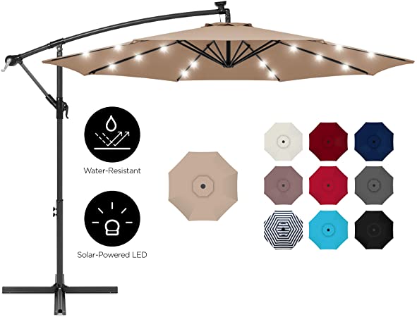 Best Choice Products 10ft Solar LED Offset Hanging Outdoor Market Patio Umbrella w/Easy Tilt Adjustment - Tan