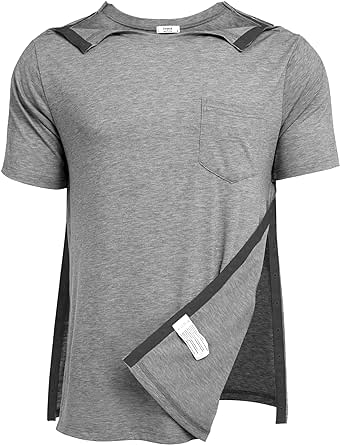 Deyeek Men's Post Shoulder Surgery Shirts Recovery Tear Away Short Sleeve Full Open Side Snap Dialysis Chemo Clothing