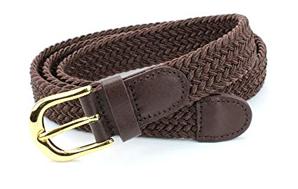 Women's Braided Elastic Woven Stretch Belt Solid Color Gold Buckle and Leather Tip