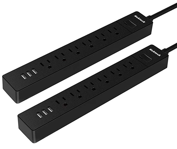 Nekteck 2 Pack Power Strip Flat Wall Plug with 6 AC Outlets, 15W 3-Port USB Charger for iPhone, iPad, Samsung Galaxys, Nexus, Tablets, HTC M9, Motorola, LG and More [4.8ft Cord, 6AC, 3 USB]