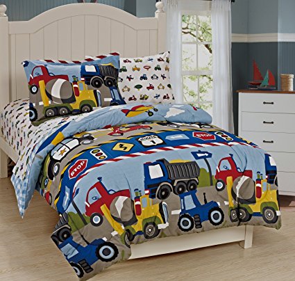 Mk Collection Full Size Trucks Tractors Cars Kids/boys 7 Pc Comforter and Sheet Set Blue Red Yellow New (Full, Trucks)
