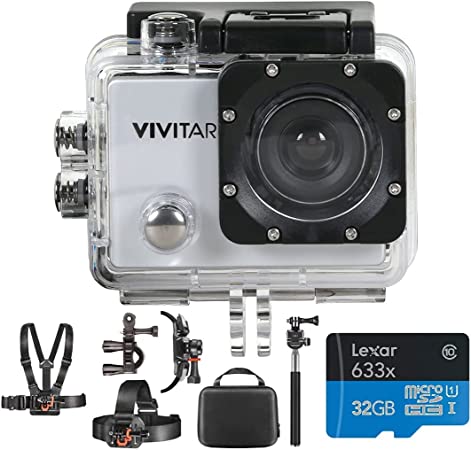 Vivitar DVR781HD-SIL HD Action Waterproof Camera/Camcorder, Silver Bundle with Deco Gear Outdoor Action Kit with Clip Head Mount for Action Camera & Lexar 32gb microSDHC Memory Card