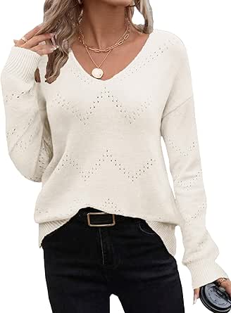 Zeagoo Womens Sweaters Trendy Fashion Long Sleeve Shirts Off Shoulder Crochet V Neck Knit Pullover Tops Outfits