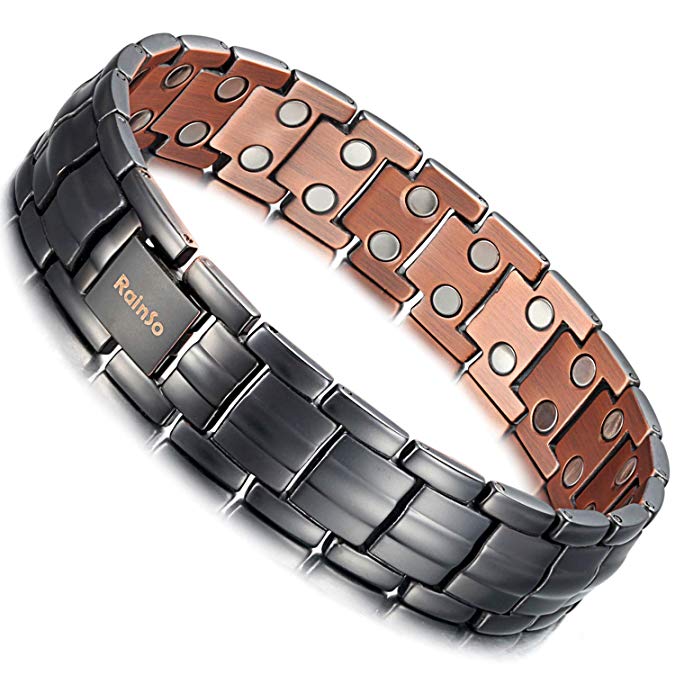 Rainso Mens Matt Gun Black Copper Double Row Magnetic Therapy Bracelets for Arthritis Wristband Adjustable