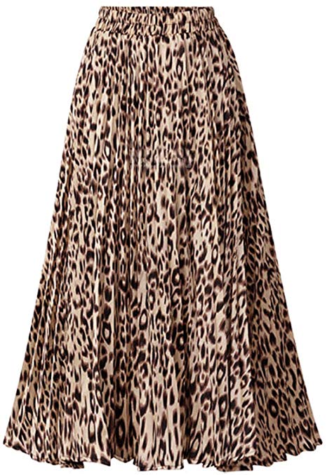 CHARTOU Womens Chic Elastic High Waisted A Line Leopard Print Pleated Shirring Midi-Long Skirt