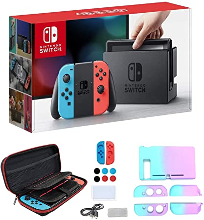 Newest Nintendo Switch with Neon Blue and Neon Red Joy-Con - 6.2" Touchscreen LCD Display, Built-in Speakers, 3.5mm Audio Jack, 802.11ac WiFi, Bluetooth - Blue and Red - iPuzzle 7-in-1 Carrying Case