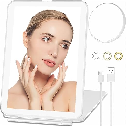 FOME Travel Makeup Mirror with 56 LEDs Lights, Travel Makeup Vanity Mirror with 1x/10x Magnification Touch Screen Dimmable Lighting Rechargeable Folding Mirror for Handbag