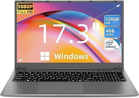 SGIN Laptop, 17 Inch 4GB RAM 128GB SSD Laptops Computer, Windows 11 Laptop with Intel Celeron Quad Core J4105(Up to 2.5 GHz), IPS Display, Mini HDMI, Webcam, Dual Wi-Fi, 512GB Expansion