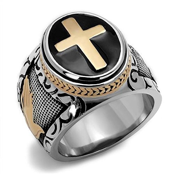 Men's Black & Silver Stainless Steel Christian Holy Cross Ring Size 8-14