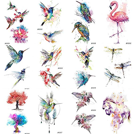 12 Pieces/Lot Watercolor Flying Birds Flash Fake Waterproof Tattoos Stickers Paper Funny Hummingbird Kids Body Arm Temporary Tattoos Flamingo Women Chest Art Decals 10x6cm