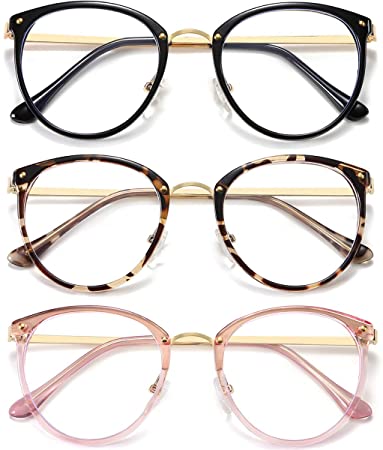 HILBALM (3 Pack) Blue Light Blocking Glasses Women and Man Computer Eyeglasses Metal Frame Glasses (Black, Leopard, Pink)