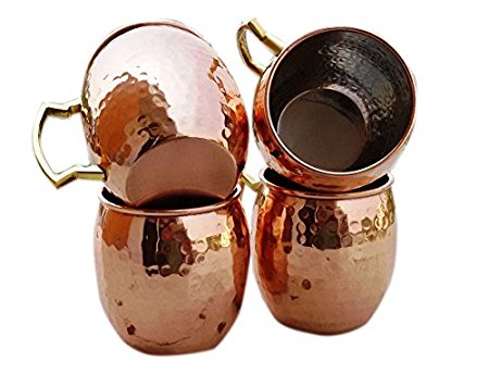 STREET CRAFT Set Of-4, Barrel Mugs / Hammered Copper Moscow Mule Mug Handmade of 100% Pure Copper, Nickel Lined, Brass Handle Hammered Moscow Mule Mug / Cup Capacity-16 Ounce.