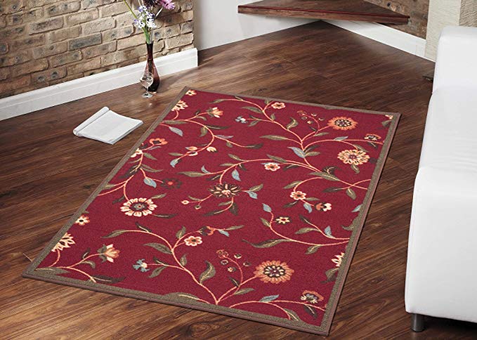 Ottomanson Floral Garden Design Modern Area Rug, Dark Red