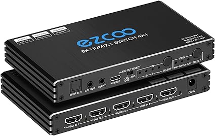 4K@120Hz HDMI 2.1 Switch 4 in 1 Out with Audio Extractor,48Gbps,HDCP 2.3, HDR 10 ,ARC,VRR,ALLM,CEC,IR Remote,Optical SPDIF 5.1Ch,AUX L/R 3.5mm 2.1Ch,HDMI Switcher 4x1,4 Port HDMI Selector