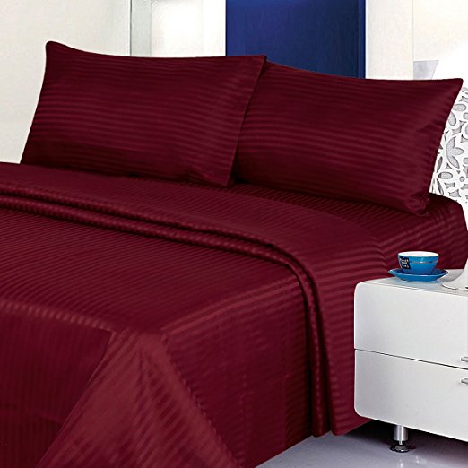 BUY ONE GET ONE FREE - 4 Piece Classic Dobby Stripe Sheet Set, Wrinkle Free Double Brushed Microfiber 2000 Series Sheet And Pillow Case Set (Burgundy, Queen)