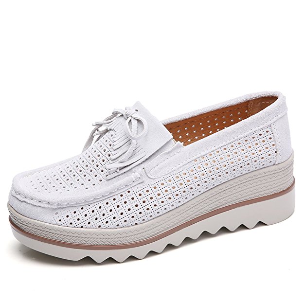STQ Summer Women Wedges Shoes Platform Suede Moccasins Sneakers Tassel Ladies Slip On Comfort Shoes