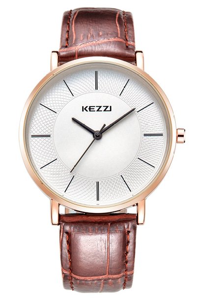 Kezzi Men's Minimalist Quartz Watch with Ultra-thin Rose Gold White Dial and Calf Brown Leather Strap k738
