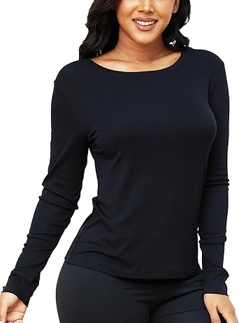 Women's Ultra Thin Scoop&Crew Neck Undershirt Long-Sleeve Thermal Underwear Shirt Top