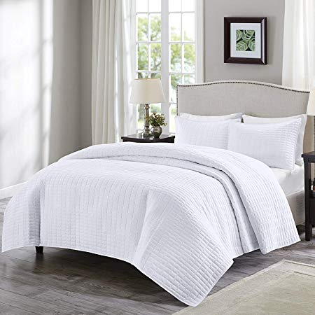 Comfort Spaces - Kienna Quilt Mini Set - 2 Piece - White- Stitched Quilt Pattern - Twin/Twin XL Size, Includes 1 Quilt, 1 Sham