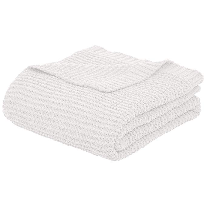 AmazonBasics Knitted Chenille Throw Blanket - 60 x 80 Inches, White