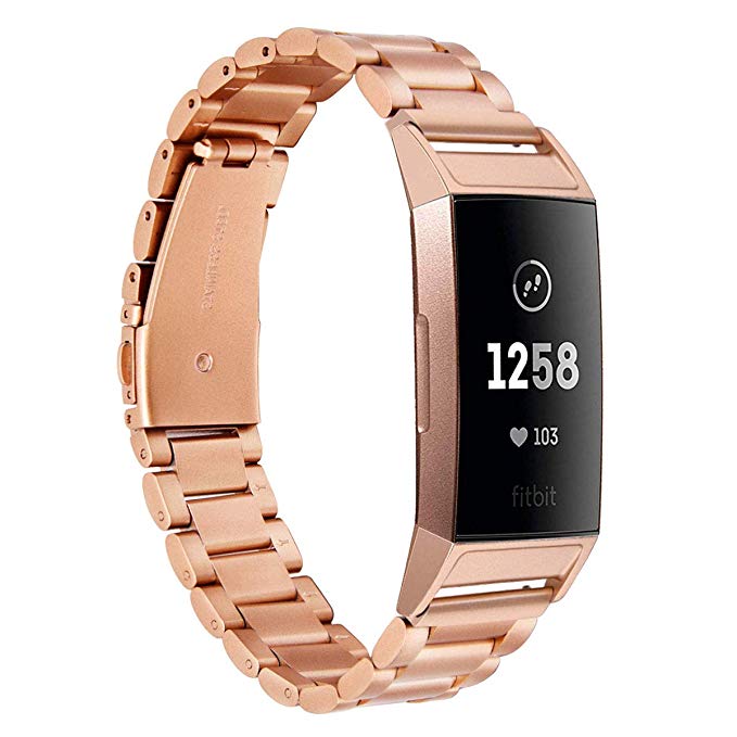 V-MORO Band Compatible with Fitbit Charge 3 Bands Rose Gold Women, Solid Stainless Steel Charge3 Metal Wristband Business Bracelet Strap Replacement Fitbit Charge 3 / Charge 3 SE Smartwatch Rose Gold