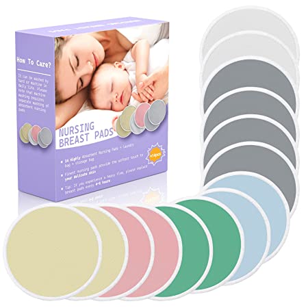 Organic Bamboo Nursing Breast Pads - 14 Pack Reusable and Washable Postpartum Pads for Breastfeeding and Maternity, with Laundry Bag - Soft, Natural and Large Nipple Pads for New Moms